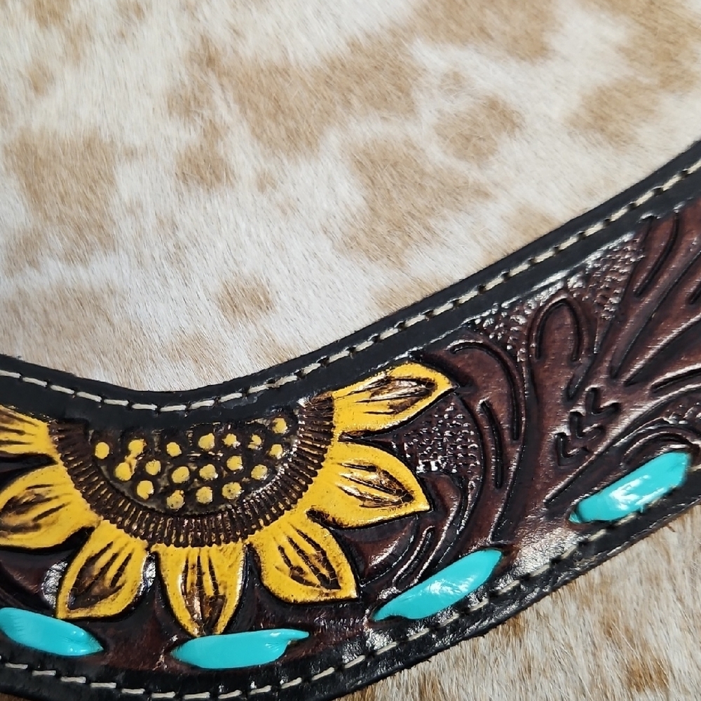 Handmade Western Calf Hair Sunflower Tooled Leather Country Clutch Wallet Bifold - Picture 4 of 10